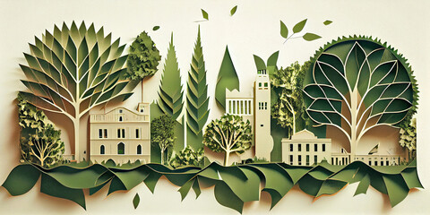 Made of paper 3D flat paper mock-up of city buildings and trees near them. Generative AI