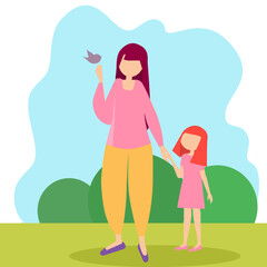 Obraz na płótnie Canvas Mother and daughter outdoor walk, parenthood, birds in garden 