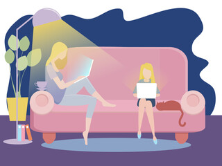 Working at home concept, Coworking space flat illustration. Young people, man and woman freelancers working at their home