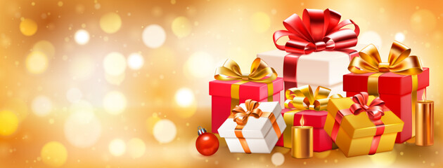 Holiday illustration with several colored gift boxes with ribbons and bows, burning candles and Christmas balls on a blurred background with bokeh effect in golden colors