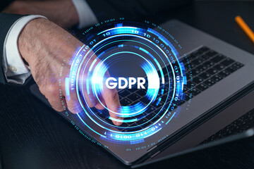 Woman typing on laptop at office workplace in background. Concept of working process, internet surfing, online business education. Student send e-mail. Close up view. Hands Shot. Technology icons