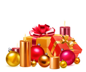 Holiday illustration with two colored gift boxes with ribbons and bows, several burning candles and Christmas balls on white background