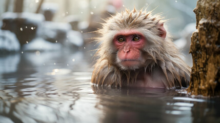Portrait of a macaque inside a natural volcanic pool during a snowfall