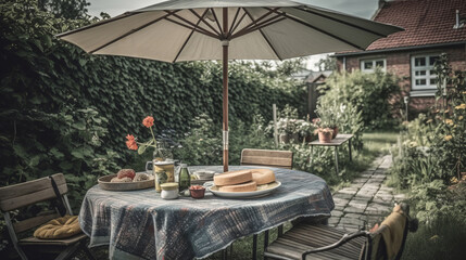 Summer garden picnic table. Created with Generative AI technology.