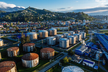 Oil or petroleum storage tanks, aerial drone view