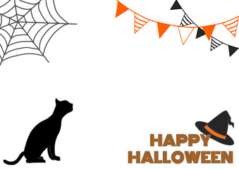 Halloween, a wizard's house with a black cat silhouette looking up at a spider's web and garland decorations.  