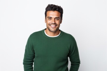 Portrait photography of a Peruvian man in his 30s against a white background