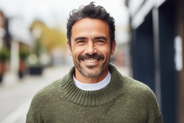 Portrait photography of a Peruvian man in his 40s against a white background