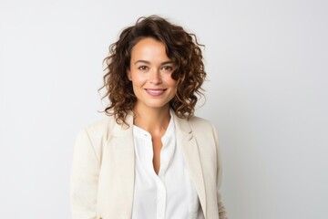 Portrait photography of a French woman in her 30s against a white background