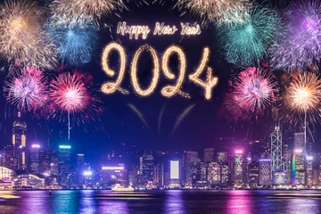 Schilderijen op glas Happy new year 2024 firework over cityscape building near sea at night time celebration © weedezign