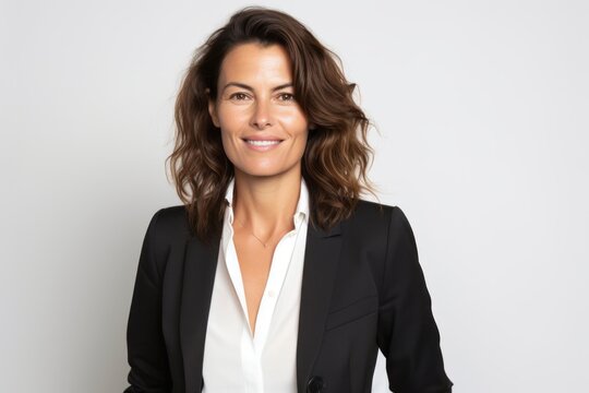 Portrait photography of a Italian woman in her 40s wearing a classic blazer against a white background