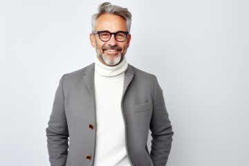 Medium shot portrait photography of a Swedish man in his 50s against a white background