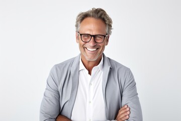 Lifestyle portrait photography of a Swedish man in his 50s against a white background