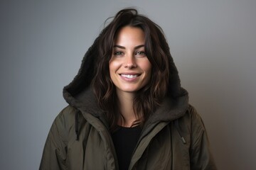 Portrait photography of a Italian woman in her 30s wearing a warm parka against a minimalist or empty room background