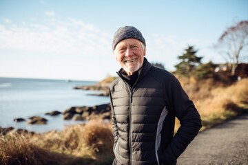 Portrait photography of a Swedish man in his 70s wearing a pair of leggings or tights against a beach background