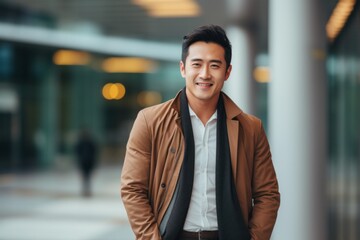 Fototapeta premium Medium shot portrait photography of a Vietnamese man in his 30s against a modern architectural background