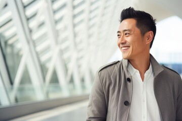 Lifestyle portrait photography of a cheerful Vietnamese man in his 30s against a modern architectural background