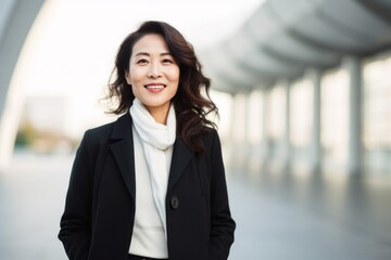Fototapeta premium Medium shot portrait photography of a Vietnamese woman in her 40s against a modern architectural background