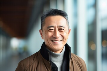 Obraz premium Medium shot portrait photography of a Vietnamese man in his 50s against a modern architectural background