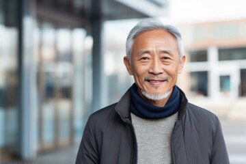 Fototapeta premium Medium shot portrait photography of a Vietnamese man in his 60s against a modern architectural background