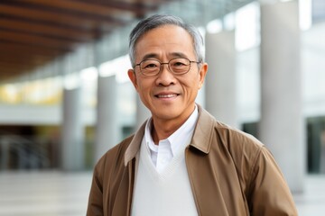 Naklejka premium Medium shot portrait photography of a Vietnamese man in his 60s against a modern architectural background