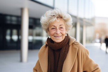 Fototapeta na wymiar Medium shot portrait photography of a French woman in her 90s against a modern architectural background