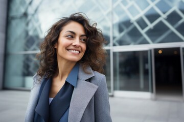 Fototapeta premium Portrait photography of a Colombian woman in her 30s against a modern architectural background