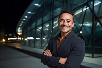Obraz premium Medium shot portrait photography of a Colombian man in his 40s against a modern architectural background