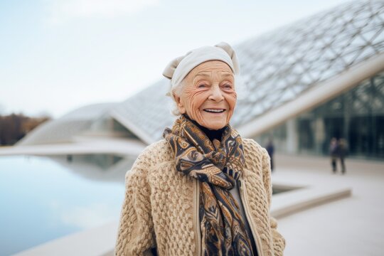 Medium shot portrait photography of a French woman in her 90s against a modern architectural background