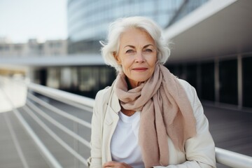Lifestyle portrait photography of a serious Swedish woman in her 60s against a modern architectural background - obrazy, fototapety, plakaty