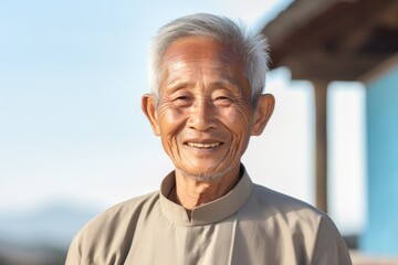 Portrait photography of a 100-year-old elderly Vietnamese man wearing a simple tunic against an abstract background