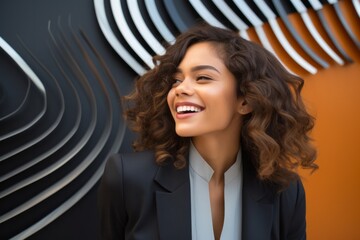 Lifestyle portrait photography of a cheerful Colombian woman in her 20s wearing a sleek suit against an abstract background
