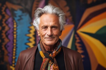 Portrait photography of a Italian man in his 60s against an abstract background