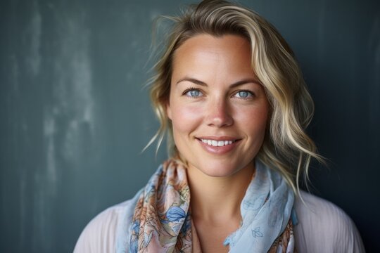Close-up portrait photography of a Swedish woman in her 30s wearing a foulard against an abstract background