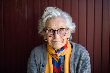 Medium shot portrait photography of a 100-year-old elderly Swedish woman against an abstract background
