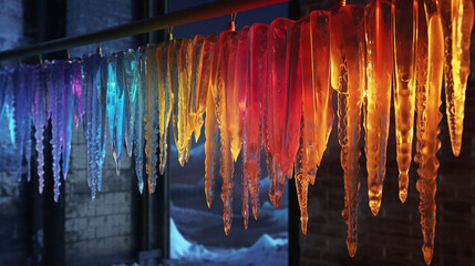 Colorful icicles hanging from the roof in a cold winter day. 