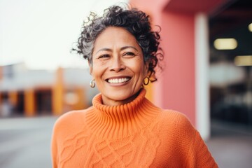 Portrait photography of a Peruvian woman in her 50s wearing a cozy sweater
