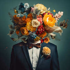 Floral spring concept of fresh spring flowers on the face and body of a elegant man. Abstract portrait.