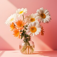 Floral spring concept of fresh flowers. Daisy flowers in the vase on pink background.