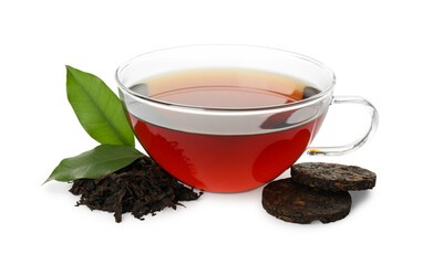 Traditional Chinese pu-erh tea, freshly brewed beverage and green leaves isolated on white