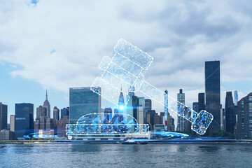 New York City skyline, United Nation headquarters over the East River, Manhattan, Midtown at day time, NYC, USA. Glowing hologram legal icons. The concept of law, order, regulations, digital justice