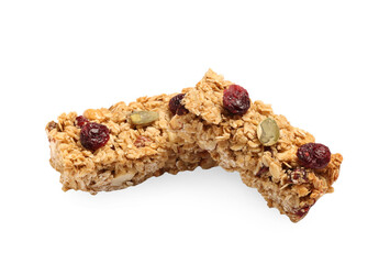 Tasty granola bars with berries isolated on white