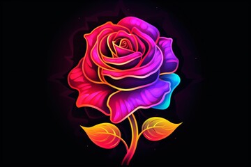 A neon red glowing red rose