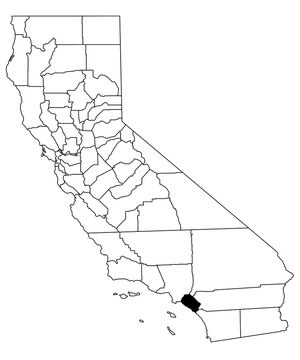 Map of orange County in California state on white background. single County map highlighted by black colour on California map. UNITED STATES, US