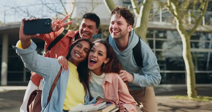 Students, group of people and university selfie for education, learning and study influencer on social media and campus. Happy gen z friends in school profile picture, knowledge and college outdoor
