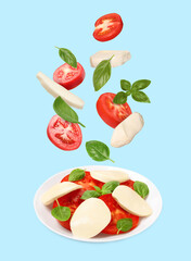 Fresh tomatoes. mozzarella cheese and basil leaves falling onto plate with Caprese salad against light blue background