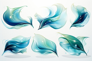 A set of abstract graphic elements in cool blue and green tones, reminiscent of water and nature. Can be used for environmental or wellness designs. 