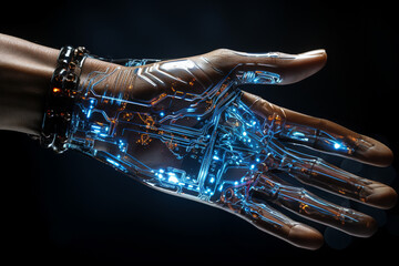 cyborg hand digital effect with blue neon. generative ai