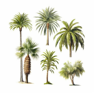 Different types of palm trees on white background. 