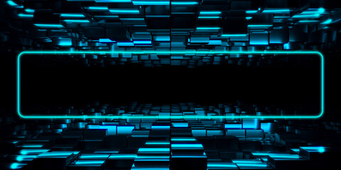 Geometric mock up design glowing neon lights.. Exhibition background